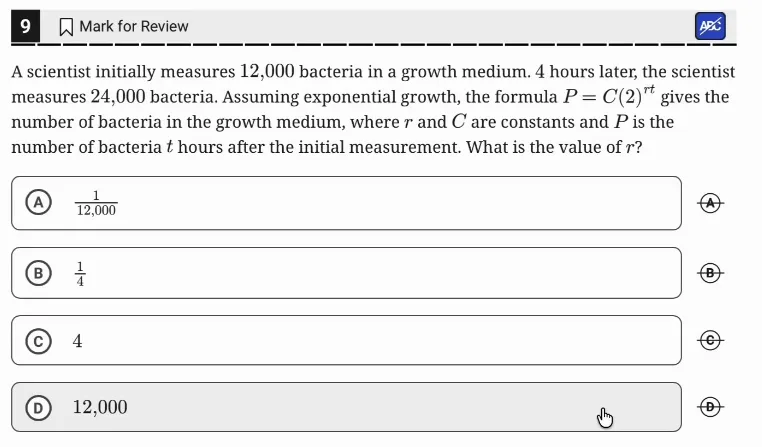 SAT Practice Test 10, Module 2, Question 9 (Nonlinear functions) as it appears in the walkthrough video