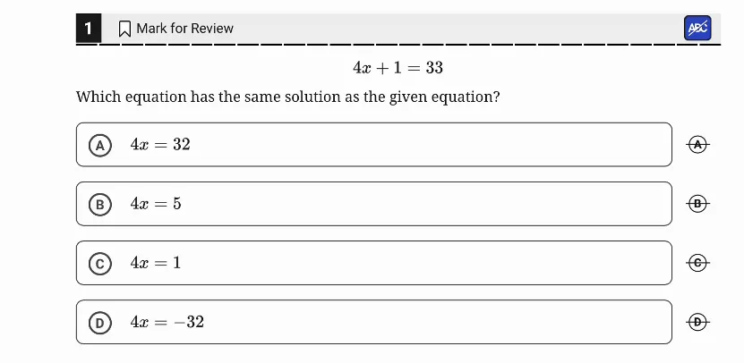 SAT Practice Test 11, Module 1, Question 1 (Linear equations in one variable) as it appears in the walkthrough video
