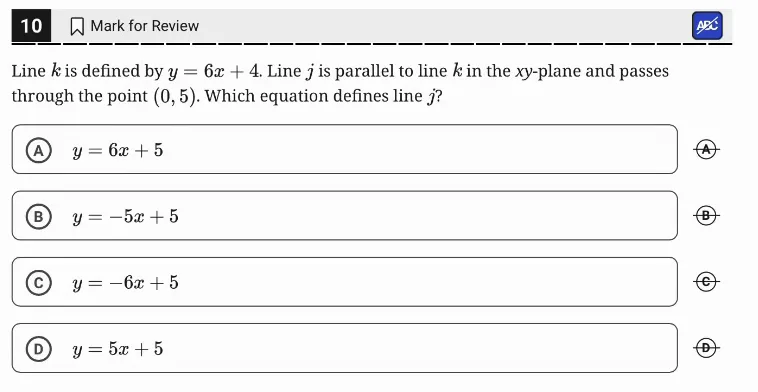 SAT Practice Test 11, Module 1, Question 10 (Linear equations in two variables) as it appears in the walkthrough video