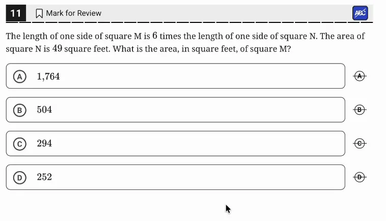 SAT Practice Test 11, Module 1, Question 11 (Area and volume) as it appears in the walkthrough video