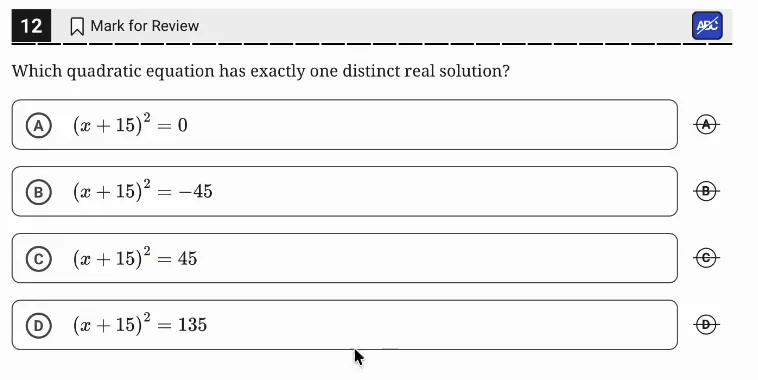 SAT Practice Test 11, Module 1, Question 12 (Nonlinear equations in one variable and systems of equations in two variables) as it appears in the walkthrough video