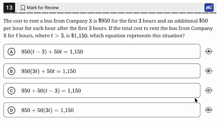 SAT Practice Test 11, Module 1, Question 13 (Linear equations in one variable) as it appears in the walkthrough video