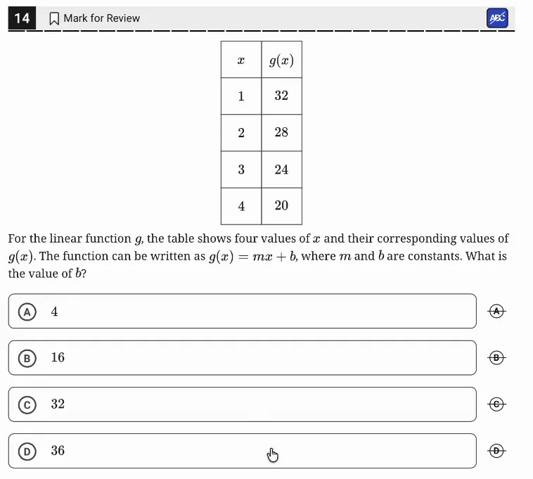 SAT Practice Test 11, Module 1, Question 14 (Linear functions) as it appears in the walkthrough video