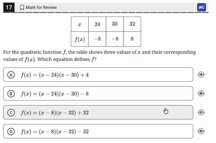 SAT Practice Test 11, Module 1, Question 17 (Nonlinear functions) as it appears in the walkthrough video