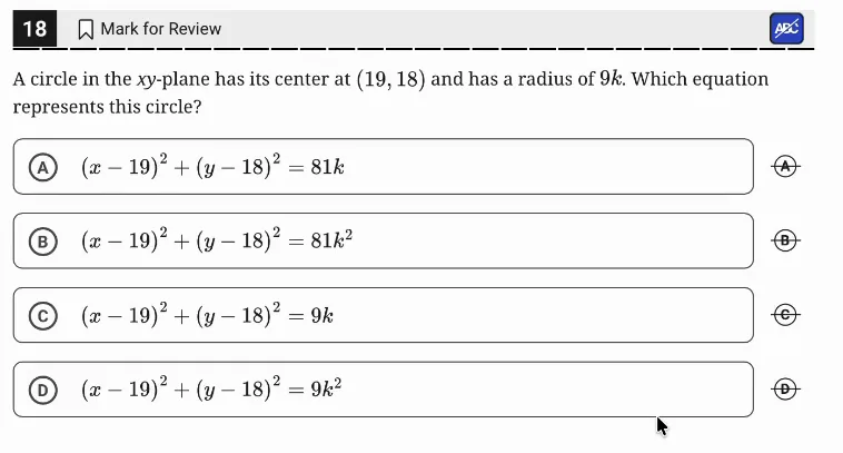 SAT Practice Test 11, Module 1, Question 18 (Circles) as it appears in the walkthrough video