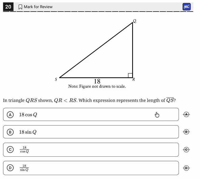 SAT Practice Test 11, Module 1, Question 20 (Right triangles and trigonometry) as it appears in the walkthrough video