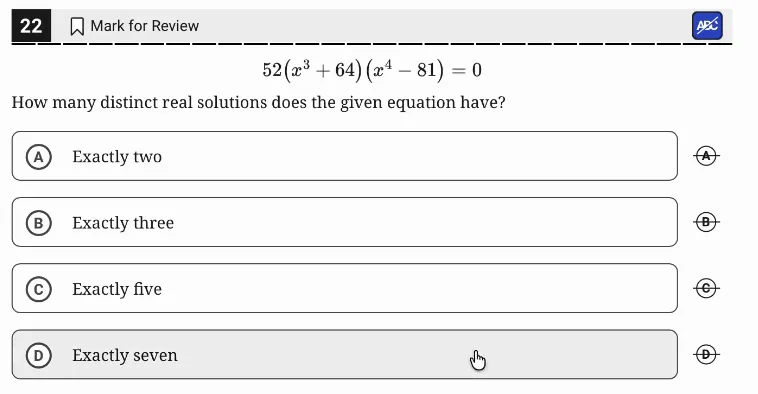 SAT Practice Test 11, Module 1, Question 22 (Nonlinear equations in one variable and systems of equations in two variables) as it appears in the walkthrough video