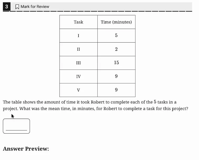 SAT Practice Test 11, Module 1, Question 3 (One-variable data: distributions and measures of center and spread) as it appears in the walkthrough video