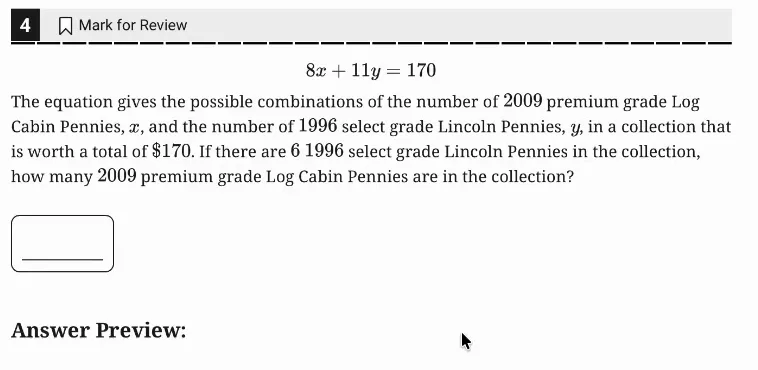 SAT Practice Test 11, Module 1, Question 4 (Linear equations in two variables) as it appears in the walkthrough video