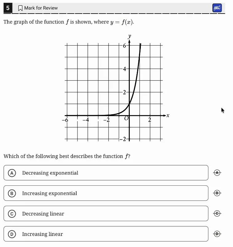 SAT Practice Test 11, Module 1, Question 5 (Two-variable data: models and scatterplots) as it appears in the walkthrough video
