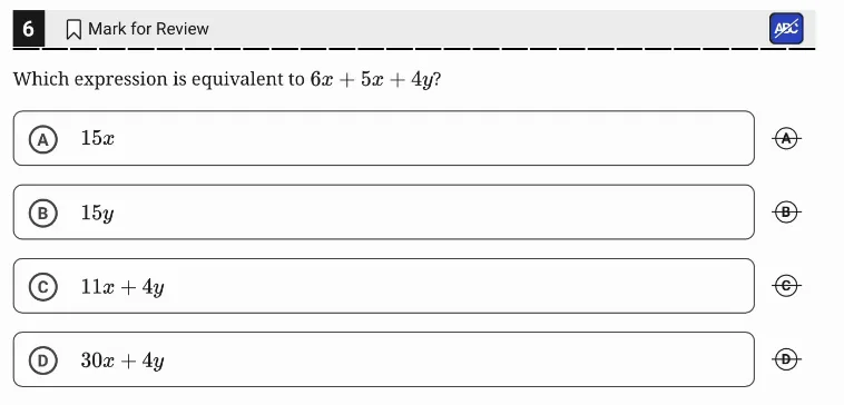 SAT Practice Test 11, Module 1, Question 6 (Equivalent expressions) as it appears in the walkthrough video