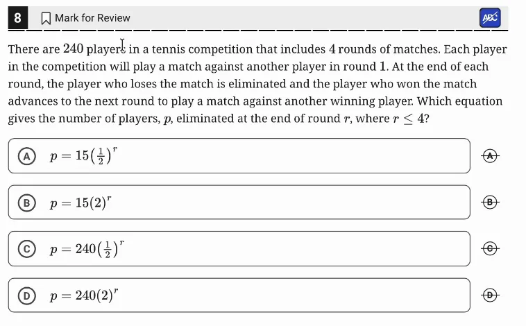 SAT Practice Test 11, Module 1, Question 8 (Nonlinear functions) as it appears in the walkthrough video