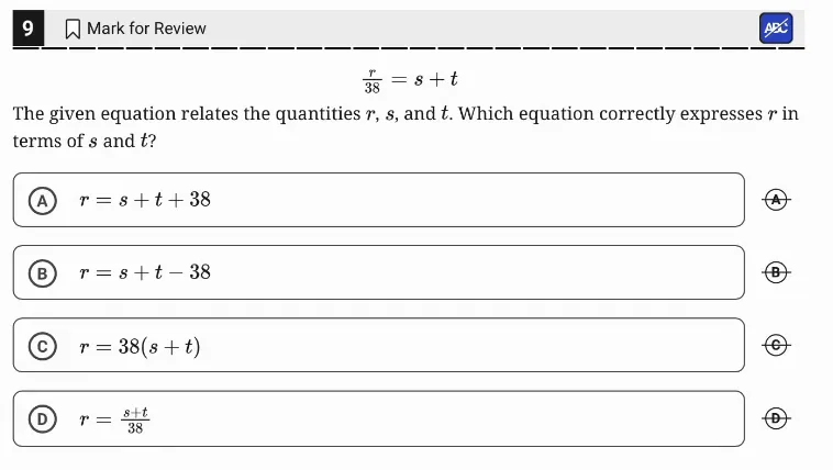 SAT Practice Test 11, Module 1, Question 9 (Nonlinear equations in one variable and systems of equations in two variables) as it appears in the walkthrough video