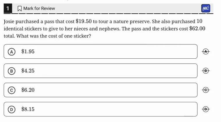 SAT Practice Test 11, Module 2, Question 1 (Linear functions) as it appears in the walkthrough video