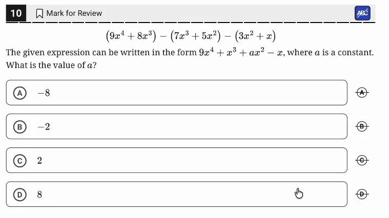SAT Practice Test 11, Module 2, Question 10 (Equivalent expressions) as it appears in the walkthrough video