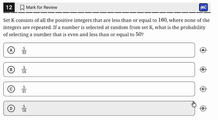SAT Practice Test 11, Module 2, Question 12 (Probability and conditional probability) as it appears in the walkthrough video