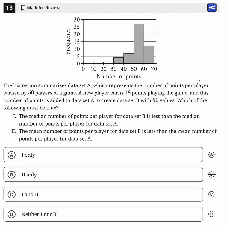 SAT Practice Test 11, Module 2, Question 13 (One-variable data: distributions and measures of center and spread) as it appears in the walkthrough video