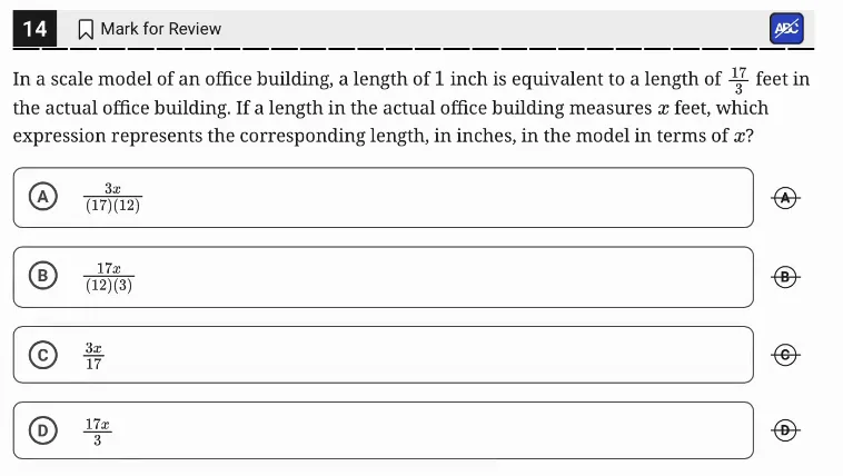 SAT Practice Test 11, Module 2, Question 14 (Ratios, rates, proportional relationships, and units) as it appears in the walkthrough video
