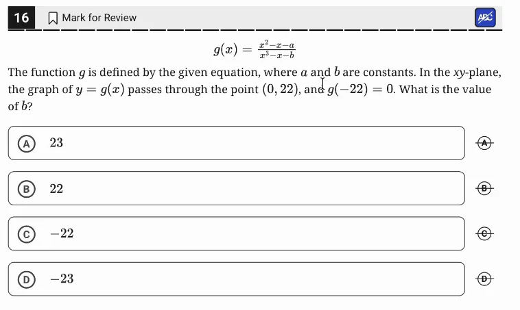 SAT Practice Test 11, Module 2, Question 16 (Nonlinear functions) as it appears in the walkthrough video