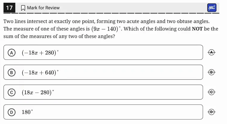 SAT Practice Test 11, Module 2, Question 17 (Lines, angles, and triangles) as it appears in the walkthrough video