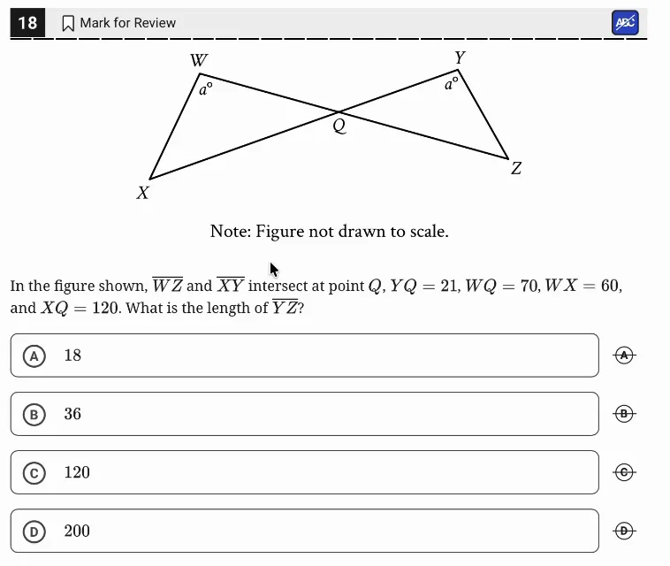 SAT Practice Test 11, Module 2, Question 18 (Lines, angles, and triangles) as it appears in the walkthrough video