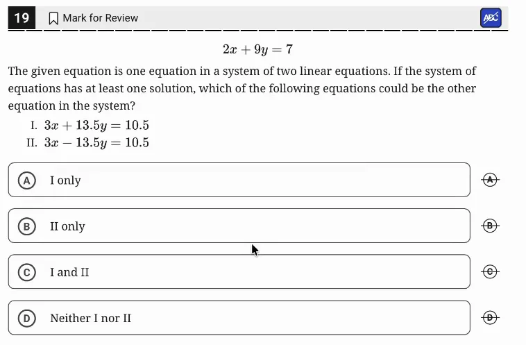 SAT Practice Test 11, Module 2, Question 19 (Systems of two linear equations in two variables) as it appears in the walkthrough video