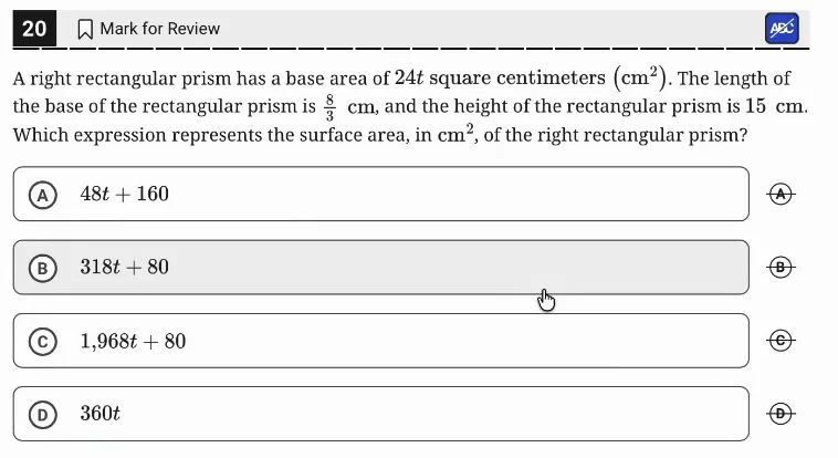 SAT Practice Test 11, Module 2, Question 20 (Area and volume) as it appears in the walkthrough video