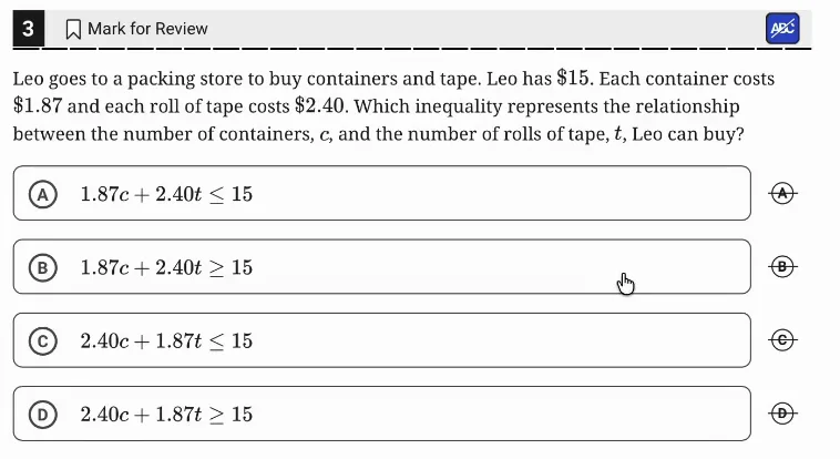 SAT Practice Test 11, Module 2, Question 3 (Linear inequalities in one or two variables) as it appears in the walkthrough video