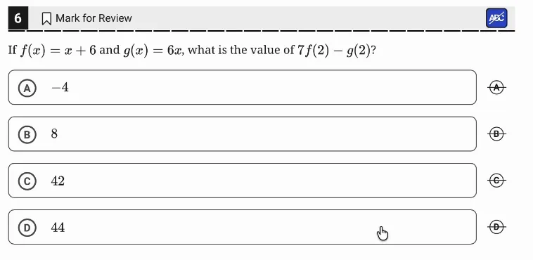 SAT Practice Test 11, Module 2, Question 6 (Linear functions) as it appears in the walkthrough video