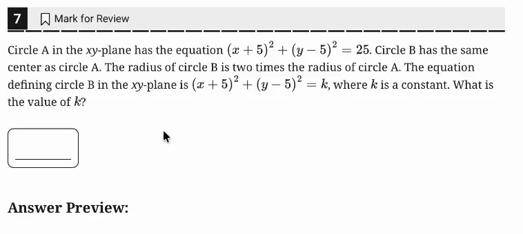 SAT Practice Test 11, Module 2, Question 7 (Circles) as it appears in the walkthrough video
