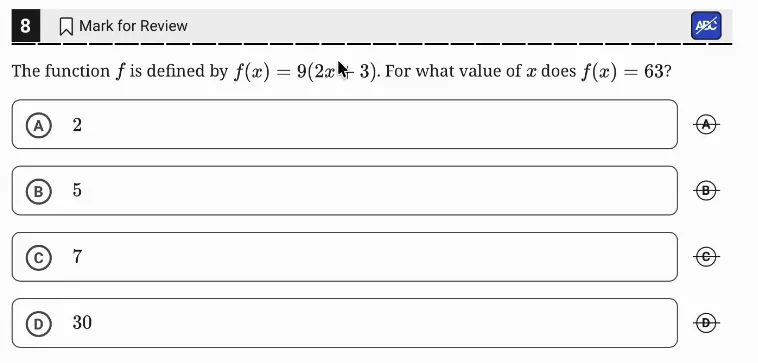 SAT Practice Test 11, Module 2, Question 8 (Linear functions) as it appears in the walkthrough video