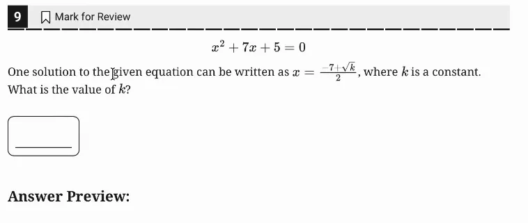 SAT Practice Test 11, Module 2, Question 9 (Nonlinear equations in one variable and systems of equations in two variables) as it appears in the walkthrough video