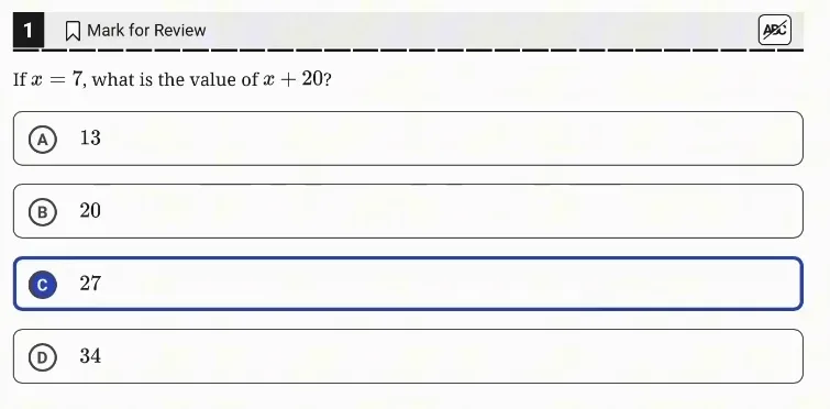 SAT Practice Test 4, Module 1, Question 1 (Linear equations in one variable) as it appears in the walkthrough video