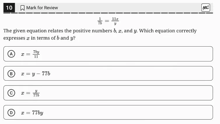 SAT Practice Test 4, Module 1, Question 10 (Nonlinear equations in one variable and systems of equations in two variables) as it appears in the walkthrough video