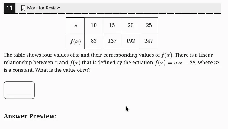 SAT Practice Test 4, Module 1, Question 11 (Linear functions) as it appears in the walkthrough video