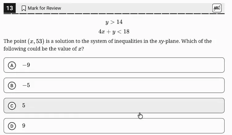 SAT Practice Test 4, Module 1, Question 13 (Linear inequalities in one or two variables) as it appears in the walkthrough video