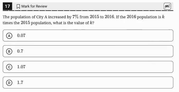 SAT Practice Test 4, Module 1, Question 17 (Percentages) as it appears in the walkthrough video