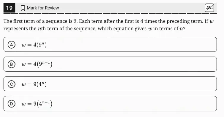 SAT Practice Test 4, Module 1, Question 19 (Nonlinear functions) as it appears in the walkthrough video