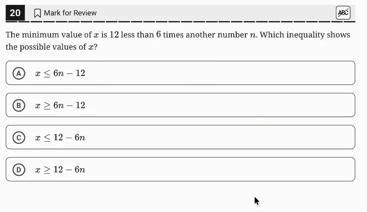 SAT Practice Test 4, Module 1, Question 20 (Linear inequalities in one or two variables) as it appears in the walkthrough video