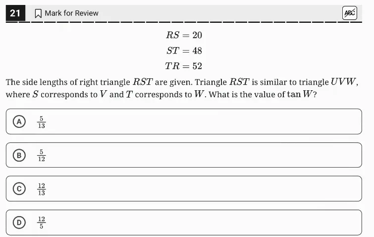 SAT Practice Test 4, Module 1, Question 21 (Right triangles and trigonometry) as it appears in the walkthrough video