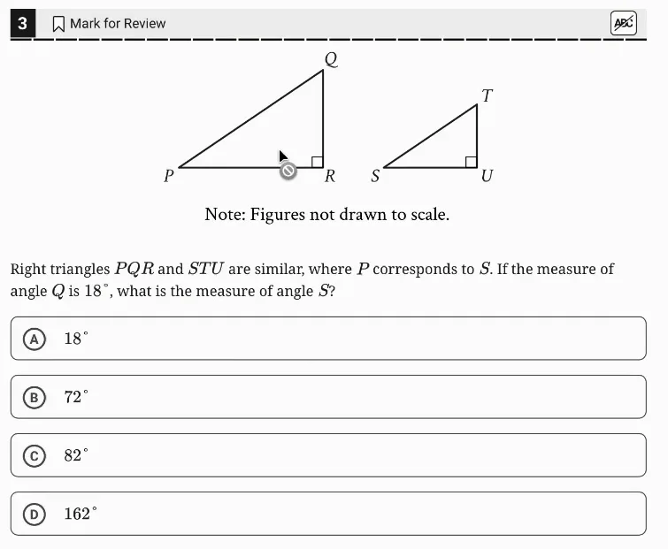 SAT Practice Test 4, Module 1, Question 3 (Lines, angles, and triangles) as it appears in the walkthrough video