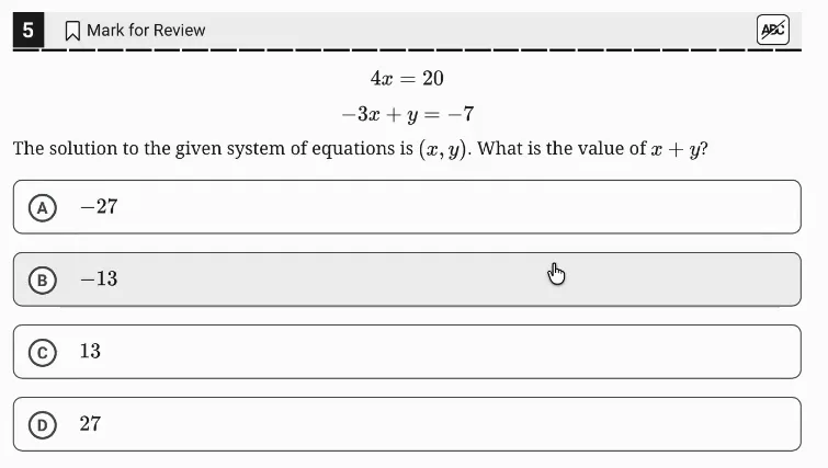 SAT Practice Test 4, Module 1, Question 5 (Systems of two linear equations in two variables) as it appears in the walkthrough video