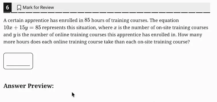 SAT Practice Test 4, Module 1, Question 6 (Linear equations in two variables) as it appears in the walkthrough video