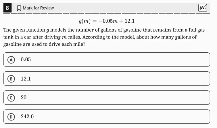SAT Practice Test 4, Module 1, Question 8 (Linear functions) as it appears in the walkthrough video