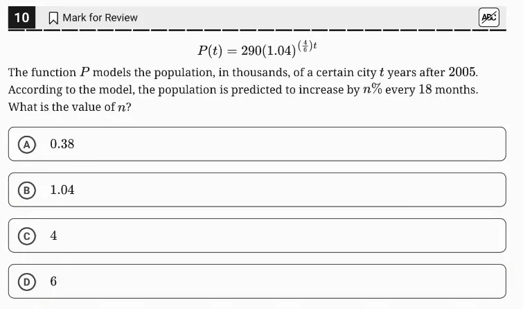 SAT Practice Test 4, Module 2, Question 10 (Nonlinear functions) as it appears in the walkthrough video