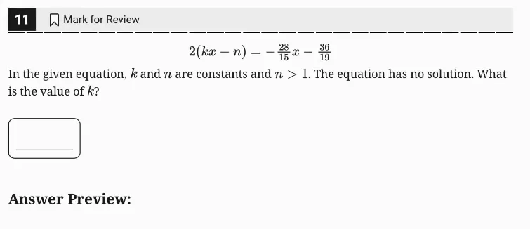 SAT Practice Test 4, Module 2, Question 11 (Linear equations in one variable) as it appears in the walkthrough video