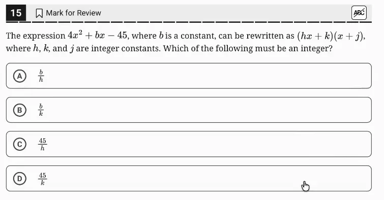 SAT Practice Test 4, Module 2, Question 15 (Equivalent expressions) as it appears in the walkthrough video