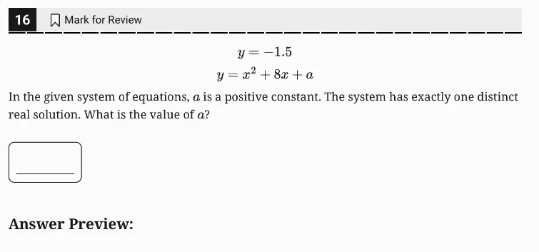 SAT Practice Test 4, Module 2, Question 16 (Nonlinear equations in one variable and systems of equations in two variables) as it appears in the walkthrough video