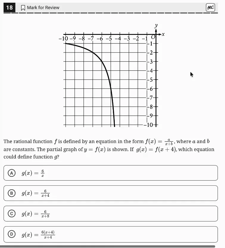 SAT Practice Test 4, Module 2, Question 18 (Nonlinear functions) as it appears in the walkthrough video