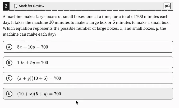 SAT Practice Test 4, Module 2, Question 2 (Linear equations in two variables) as it appears in the walkthrough video
